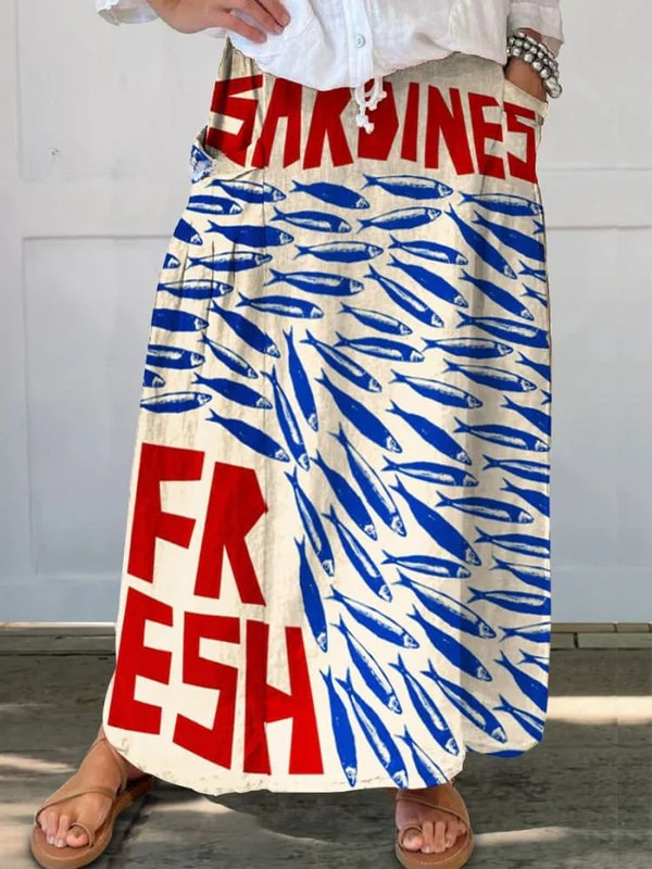 Karen — Γυναικεία Ρετρό Λινή Φούστα με Τσέπες και Σχέδιο Σαρδελών